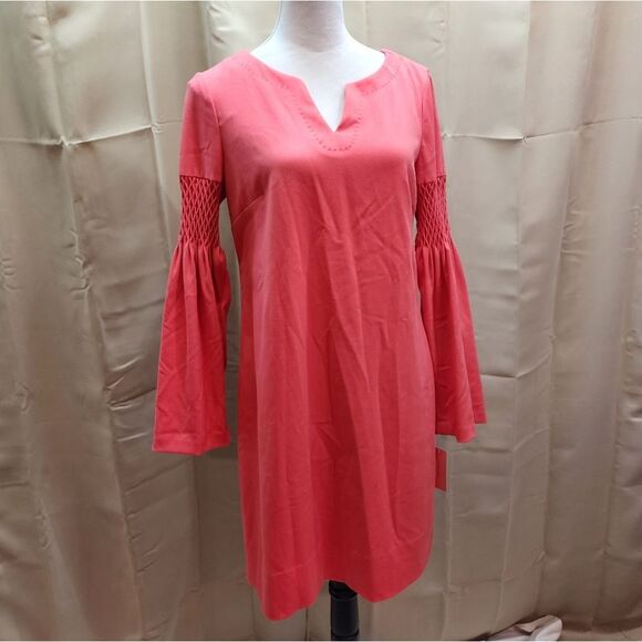 Phoebe Couture by Kay Unger Coral Smocked Designer Shift Dress Size 6 - Picture 12 of 14